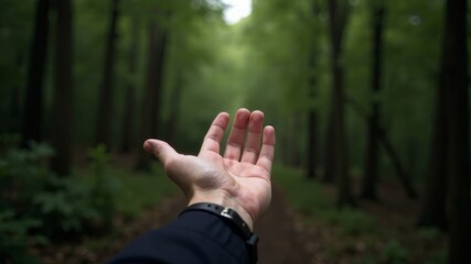 hand extended forward in the forest