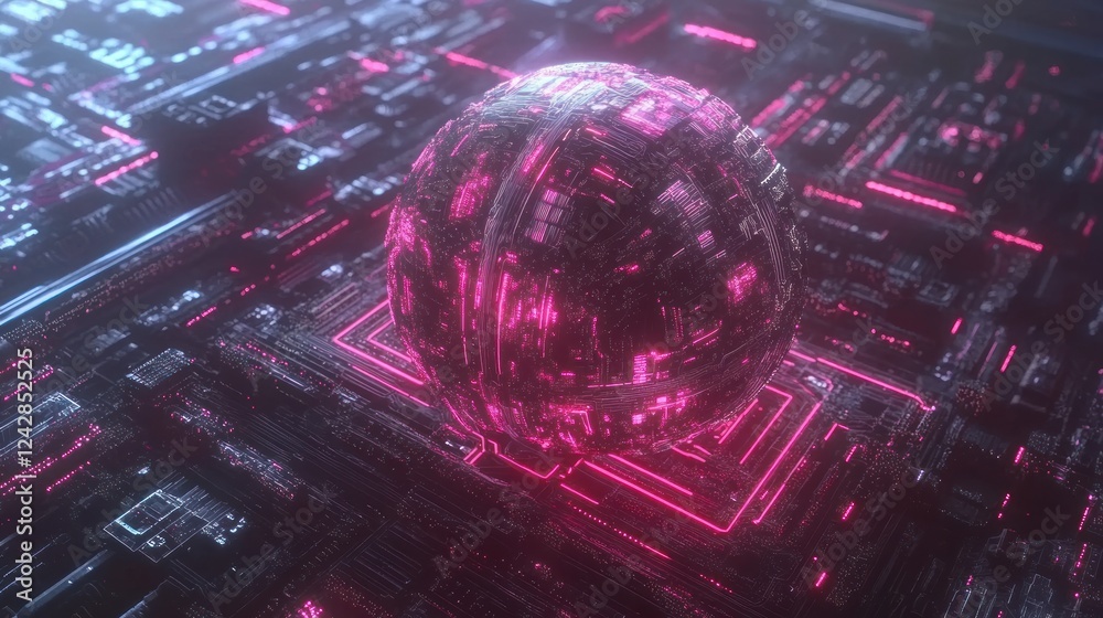 Poster glowing sphere on a futuristic circuit board