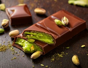Chocolate, bar, fluid, filled, pistachio, butter, creamy, smooth, rich, decadent, indulgent, sweet, nutty, velvety, luscious, gourmet, handcrafted, artisanal, premium, exquisite, luxurious, silky, mou