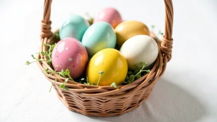 basket with colorful easter eggs on white background