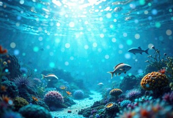 Fototapeta premium underwater world with abstract bokeh and ocean creatures, abstract bokeh, fish, marine life