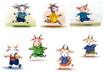 かわいい七匹の子山羊の水彩イラスト　絵本　童話　物語　昔話　狼と七匹の子山羊　子供　ヤギ