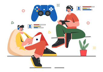 E-Sports Tournament Vector Illustration featuring Two Players Competing in an Online Game for a Cyber Sports Competition inside a Gaming Arena