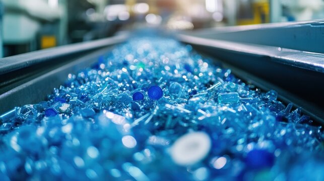 Blue plastic flakes conveyor belt recycling plant