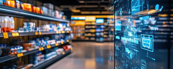 Digital retail display in supermarket, showing sales data; shelves blurred in background