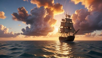 Obraz premium Un cielo dorado con atardecer rodeado por nubes pesadas y un gran barco pirata a la vista, dusk, nautical