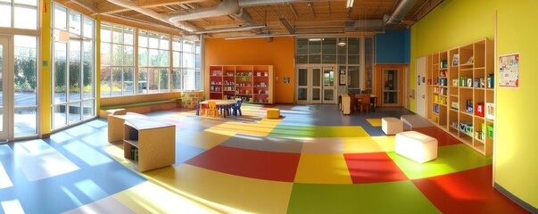 Sunny Daycare Playroom with Bookshelves, Large Windows, and Colorful Floor