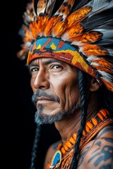 Obraz premium Portrait of Indigenous man adorned in traditional attire and tribal adornments