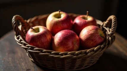 apples in a wicker basket stands on a wooden table