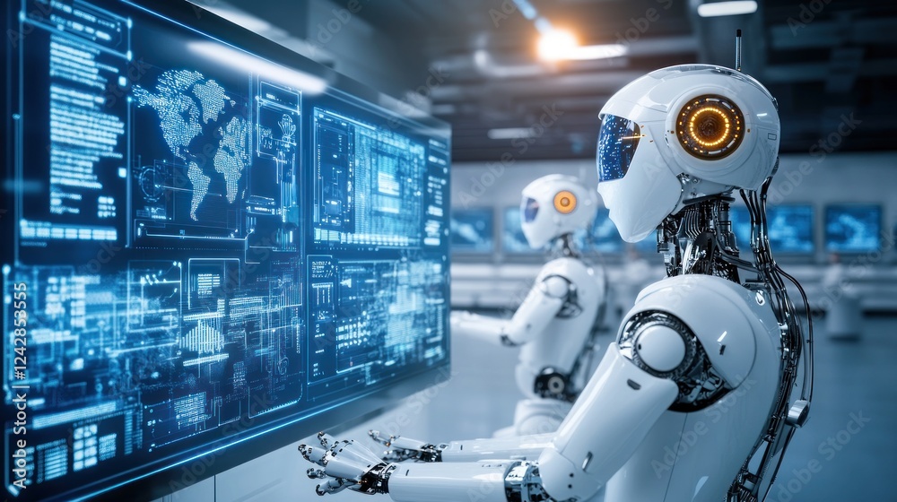 Aufkleber Advanced Robots Analyzing Global Data On Large Screen