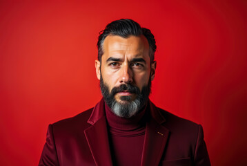 A bearded man wearing a red suit and turtleneck poses against a red background.