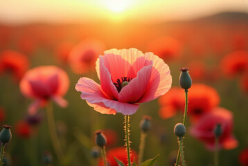 Single pink poppy in field with blurred background