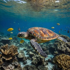 A sea turtle swimming through a coral reef filled with colorful fish.