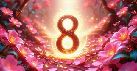 Glowing number 8 surrounded by swirling flower petals, illuminated with vibrant pink and yellow hues. The petals scatter in a dynamic, magical atmosphere with soft glowing light