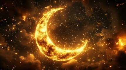 Obraz premium Golden Crescent Moon Amidst Sparkling Celestial Stars