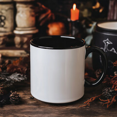 glossy white coffee mug with black interior sits on rustic wooden table surrounded by autumn decor, including pinecones and lit candle, creating cozy atmosphere