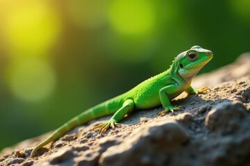 Fototapeta premium Small, green lizard basks in warm sunlight on a rocky outcropping, reptile species, green reptile