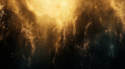 Glowing golden cosmic dust particles in dark atmospheric space
