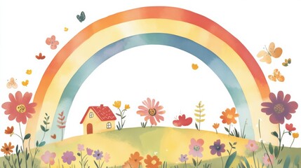 Naklejka premium Colorful landscape with a rainbow over a quaint house surrounded by flowers and butterflies in a serene setting. Generative AI