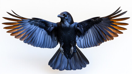Obraz premium Majestic Black Raven in Flight Wings Spread Wide Dark Blue Feathers Bird Power Color Image Animal 