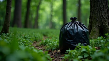 black bag of garbage in the forest