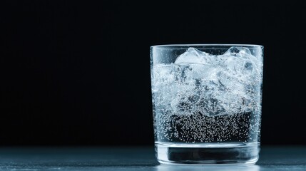 Sparkling water glass, ice cubes, dark background, refreshment