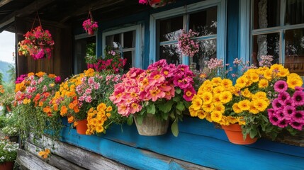 Fototapeta premium A vibrant display of colorful flowers in an organized French garden, with a rustic home at the edge.
