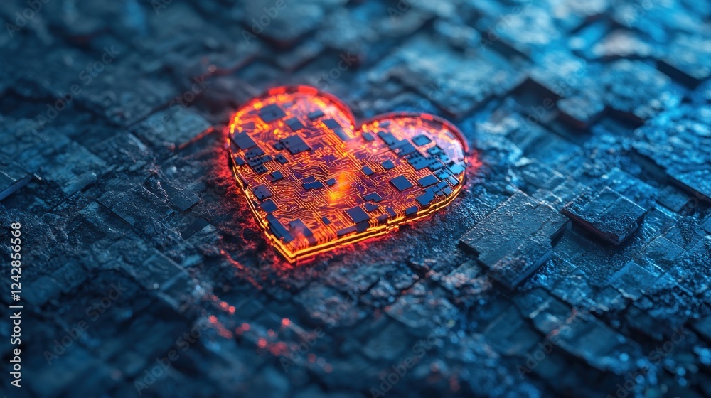 Aufkleber glowing circuit heart on dark textured surface
