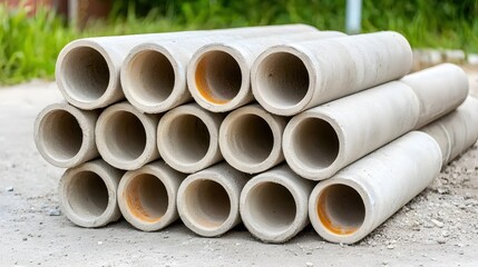 Concrete Pipes Stacked Outdoors Construction Site Industrial Material