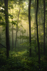 Obraz premium Peaceful Dawn in a Serene Forest: Light and Shadow Dance Among Trees, Creating a Tranquil Escape