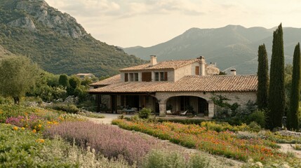 A vibrant display of colorful flowers in an organized French garden, with a rustic home at the edge.