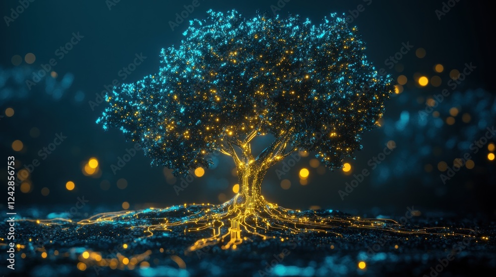Poster luminous tree network glowing brightly in darkness