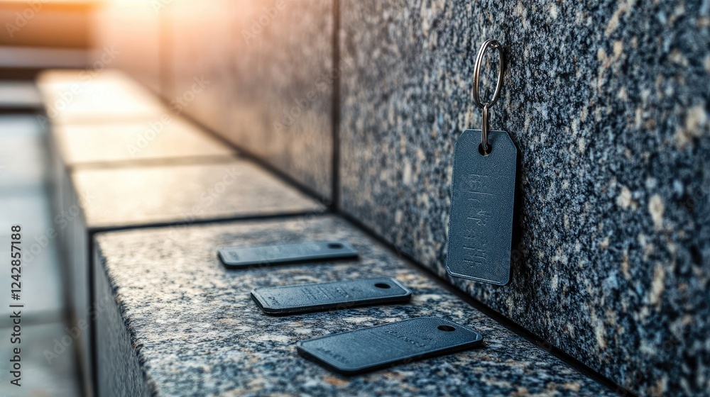 Poster dark key tags resting on granite surface