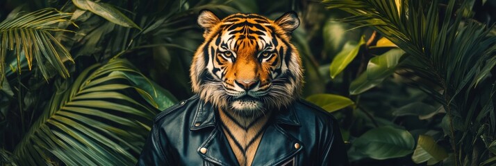 Person wearing a tiger mask stands confidently among lush green tropical foliage. Generative AI