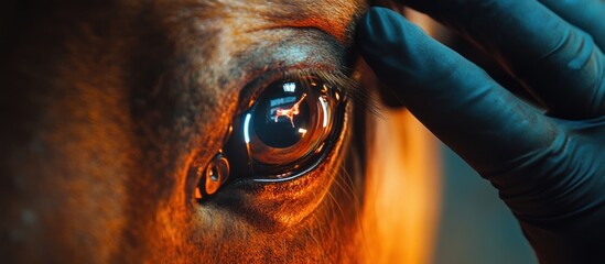 Gloved hand examines horse eye; stable background, veterinary use