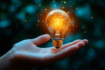 Hand holding the glowing light bulb. Creativity and new ideas concept.