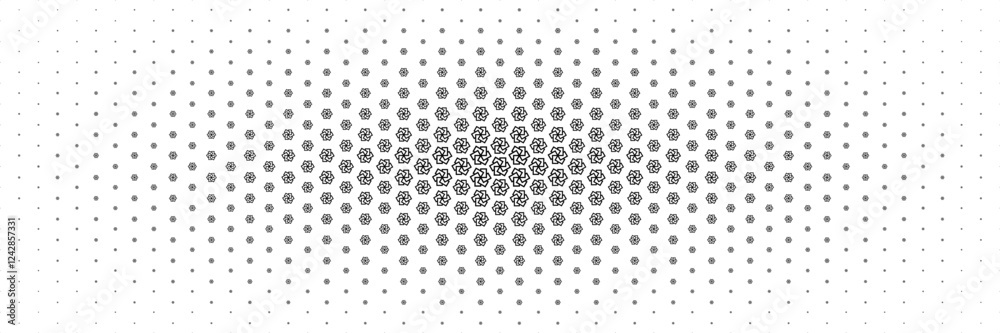 Poster horizontal halftone of black six squares spread from center for pattern and background.