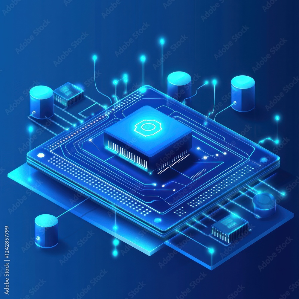 Poster isometric blue chip with glowing circuits. tech design with background data. use for technology conc