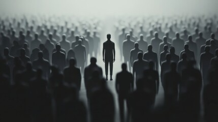 Obraz premium Colorful silhouette pf person standing in monochrome crowd of different people,surreal unique and different concept,loneliness in society,shadow,freedom,Love,be yourself,Stand out from the crowd.