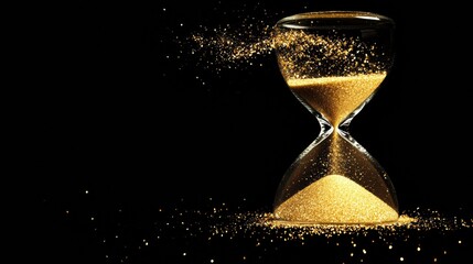 Golden sand flows steadily in a crystal hourglass creating a mesmerizing effect against a dark background. Generative AI