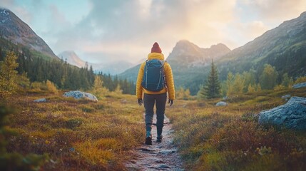 Obraz premium Hiker autumn mountain trail sunrise landscape adventure