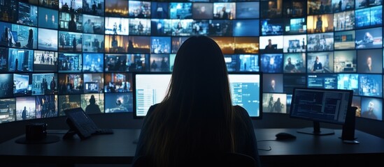 Woman monitoring video wall, dark control room, data analysis