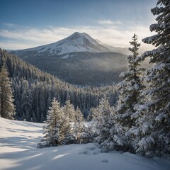 A serene winter wonderland with untouched white snow covering pine trees and mountains.