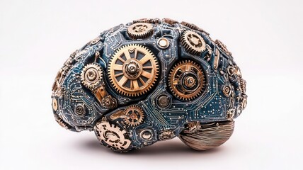 Fototapeta premium A brain with interconnected gears and circuits, representing intelligence and innovation, steampunk style, isolated on white background