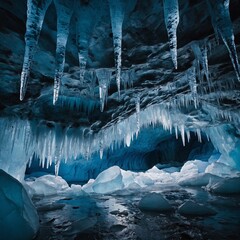 A majestic ice cave with shimmering blue and white icicles hanging from the ceiling.