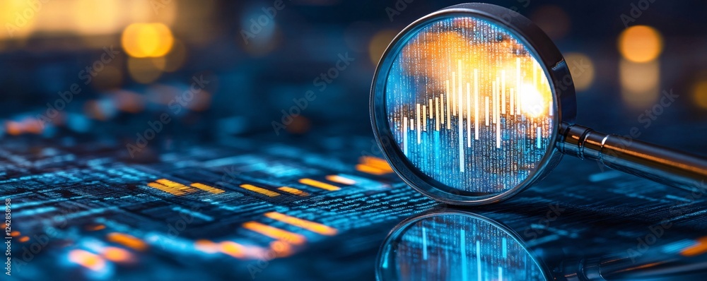 Poster Magnifying glass showing data analysis on digital background
