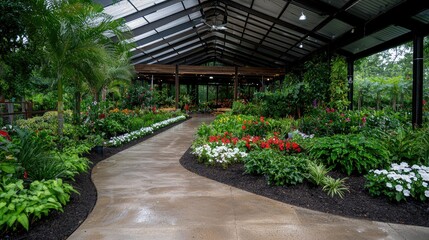 Obraz premium Greenhouse pathway, colorful flowers, plants, gardening