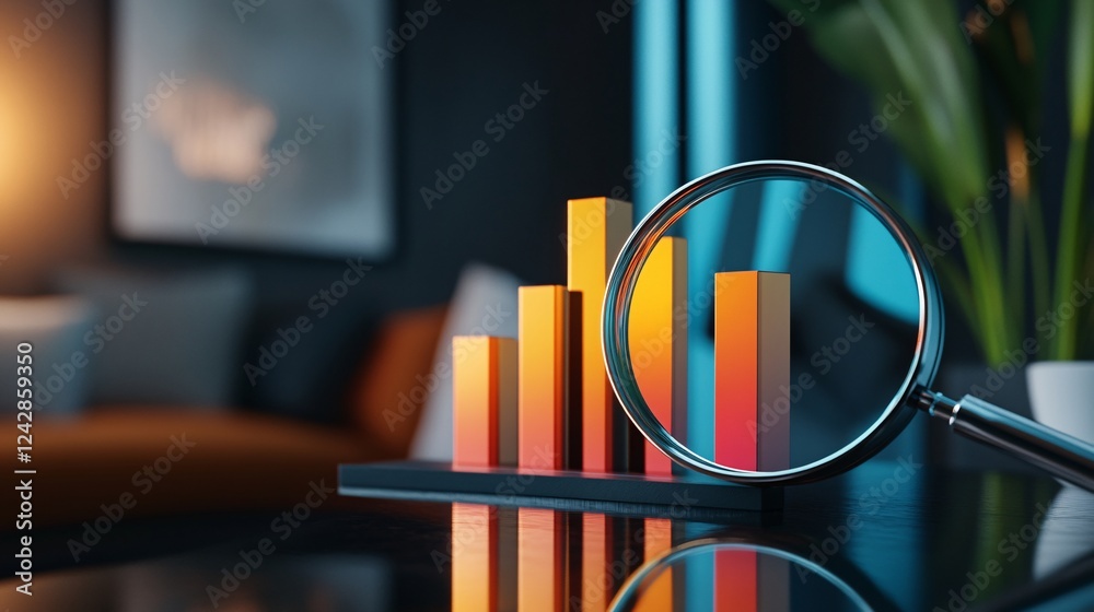 Poster magnifying glass analyzing growing bar chart in modern office setting