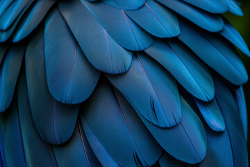 Obraz premium Blue parrot feathers close-up. Vibrant nature background concept. Generative AI