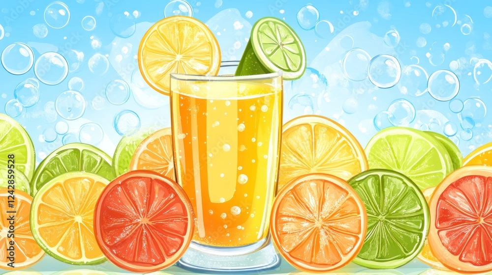 Poster Refreshing Citrus Drink with Slices of Lemon Lime and Grapefruit